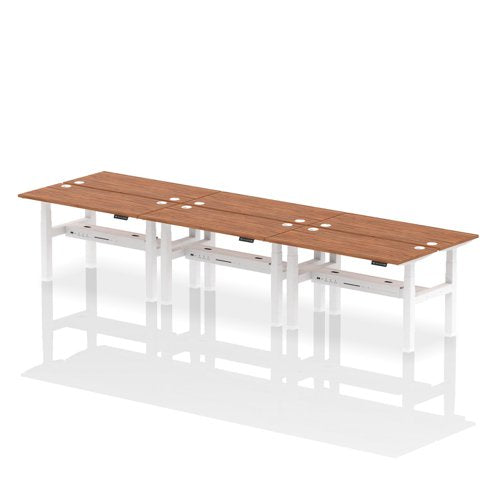 Dynamic Air Back-to-Back W1400 x D600mm Height Adjustable Sit Stand 6 Person Bench Desk With Cable Ports Walnut Finish White Frame - HA01954 DD