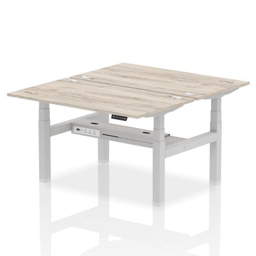 Dynamic Air Back-to-Back W1400 x D800mm Height Adjustable Sit Stand 2 Person Bench Desk With Cable Ports Grey Oak Finish Silver Frame - HA01976 DD