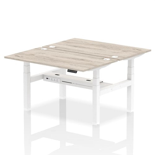 Dynamic Air Back-to-Back W1400 x D800mm Height Adjustable Sit Stand 2 Person Bench Desk With Cable Ports Grey Oak Finish White Frame - HA01978 DD