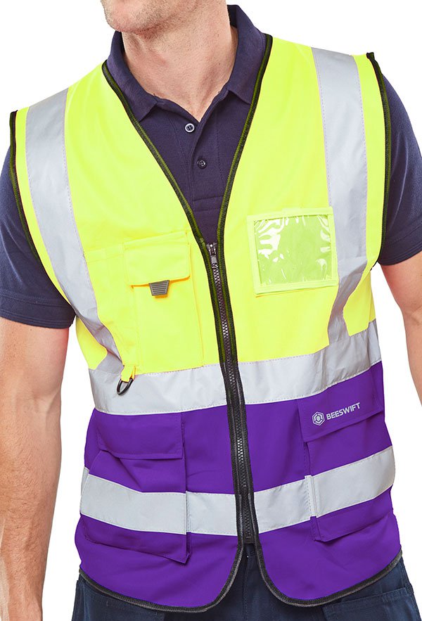 Beeswift TWO TONE EXECUTIVE WAISTCOAT SAT YELLOW/PURPLE SML