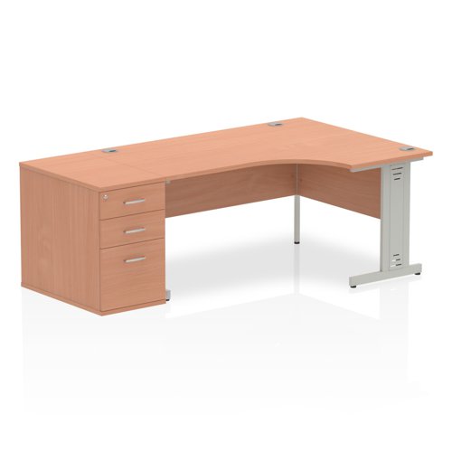 Dynamic Impulse 1600mm Right Crescent Desk Beech Top Silver Cable Managed Leg Workstation 800mm Deep Desk High Pedestal Bundle I000669 DD
