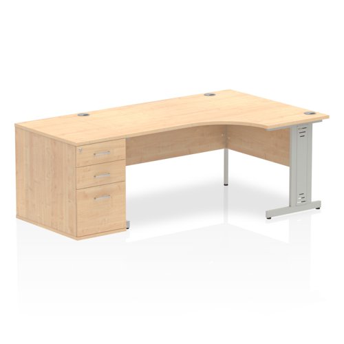 Dynamic Impulse 1600mm Right Crescent Desk Maple Top Silver Cable Managed Leg Workstation 800mm Deep Desk High Pedestal Bundle I000672 DD