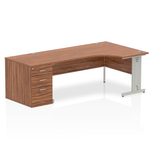 Dynamic Impulse 1800mm Right Crescent Desk Walnut Top Silver Cable Managed Leg Workstation 800mm Deep Desk High Pedestal Bundle I000675 DD