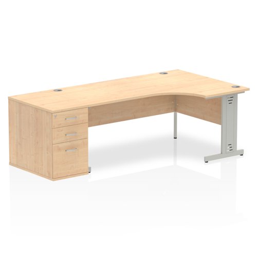 Dynamic Impulse 1800mm Right Crescent Desk Maple Top Silver Cable Managed Leg Workstation 800mm Deep Desk High Pedestal Bundle I000676 DD