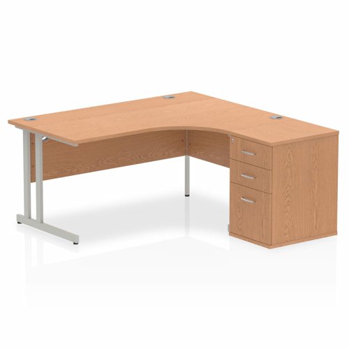 Dynamic Impulse 1600mm Right Crescent Desk Oak Top Silver Cantilever Leg Workstation 600mm Deep Desk High Pedestal Bundle I000871 DD