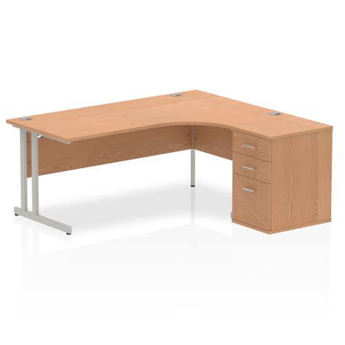 Dynamic Impulse 1800mm Right Crescent Desk Oak Top Silver Cantilever Leg Workstation 600mm Deep Desk High Pedestal Bundle I000872 DD