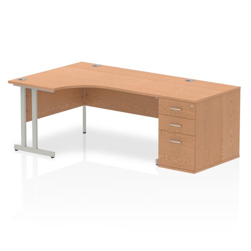 Dynamic Impulse 1600mm Left Crescent Desk Oak Top Silver Cantilever Leg Workstation 800mm Deep Desk High Pedestal Bundle I000874 DD