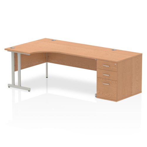 Dynamic Impulse 1800mm Left Crescent Desk Oak Top Silver Cantilever Leg Workstation 800mm Deep Desk High Pedestal Bundle I000875 DD