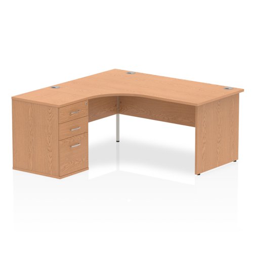 Dynamic Impulse 1600mm Left Crescent Desk Oak Top Panel End Leg Workstation 600mm Deep Desk High Pedestal Bundle I000880 DD