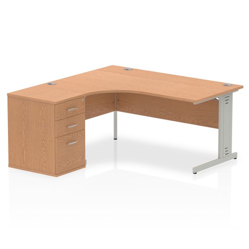 Dynamic Impulse 1600mm Left Crescent Desk Oak Top Silver Cable Managed Leg Workstation 600mm Deep Desk High Pedestal Bundle I000892 DD