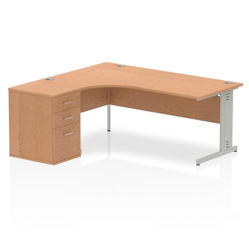 Dynamic Impulse 1800mm Left Crescent Desk Oak Top Silver Cable Managed Leg Workstation 600mm Deep Desk High Pedestal Bundle I000894 DD