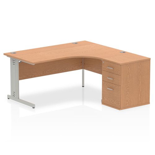 Dynamic Impulse 1600mm Right Crescent Desk Oak Top Silver Cable Managed Leg Workstation 600mm Deep Desk High Pedestal Bundle I000896 DD