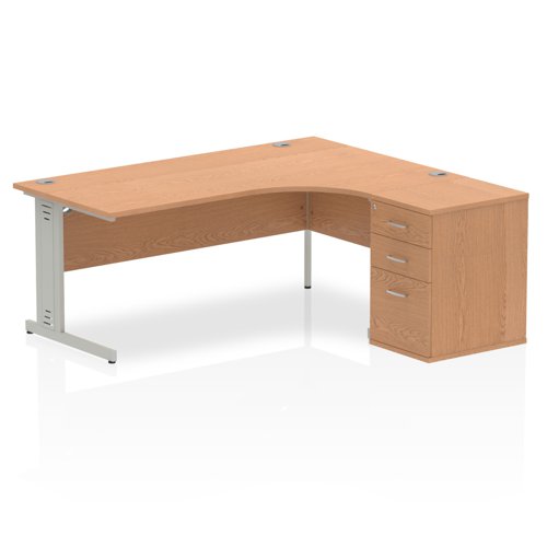 Dynamic Impulse 1800mm Right Crescent Desk Oak Top Silver Cable Managed Leg Workstation 600mm Deep Desk High Pedestal Bundle I000897 DD