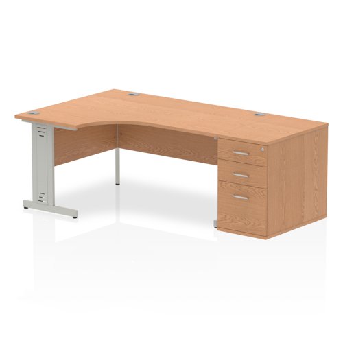 Dynamic Impulse 1600mm Left Crescent Desk Oak Top Silver Cable Managed Leg Workstation 800mm Deep Desk High Pedestal Bundle I000899 DD