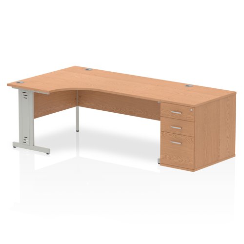 Dynamic Impulse 1800mm Left Crescent Desk Oak Top Silver Cable Managed Leg Workstation 800mm Deep Desk High Pedestal Bundle I000900 DD