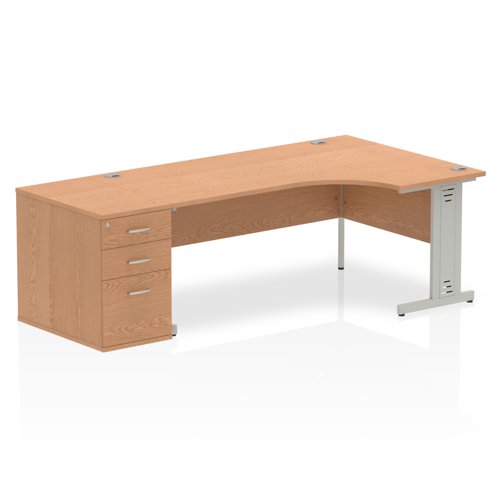 Dynamic Impulse 1800mm Right Crescent Desk Oak Top Silver Cable Managed Leg Workstation 800mm Deep Desk High Pedestal Bundle I000903 DD