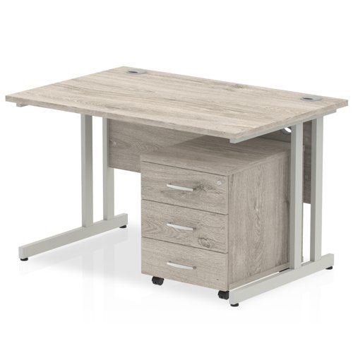 Dynamic Impulse 1200 x 800mm Straight Desk Grey Oak Top Silver Cantilever Leg with 3 Drawer Mobile Pedestal Bundle I003147 DD
