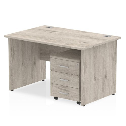 Dynamic Impulse 1200 x 800mm Straight Desk Grey Oak Top Panel End Leg with 3 Drawer Mobile Pedestal Bundle I003149 DD