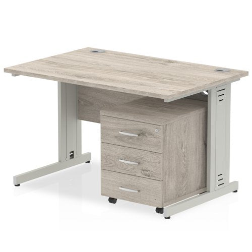 Dynamic Impulse 1200 x 800mm Straight Desk Grey Oak Top Silver Cable Managed Leg with 3 Drawer Mobile Pedestal Bundle I003151 DD
