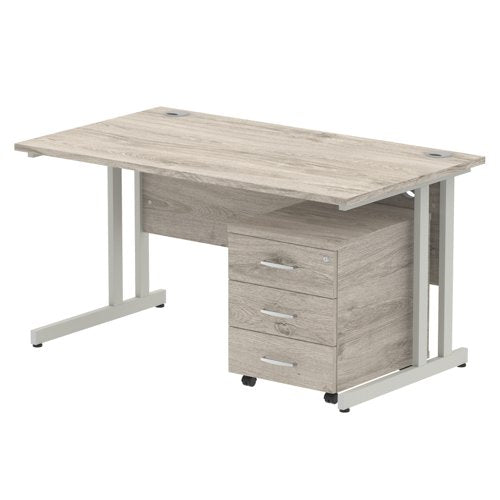 Dynamic Impulse 1400 x 800mm Straight Desk Grey Oak Top Silver Cantilever Leg with 3 Drawer Mobile Pedestal Bundle I003165 DD