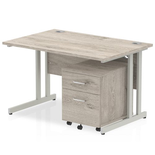 Dynamic Impulse 1400 x 800mm Straight Desk Grey Oak Top Silver Cantilever Leg with 2 Drawer Mobile Pedestal Bundle I003166 DD