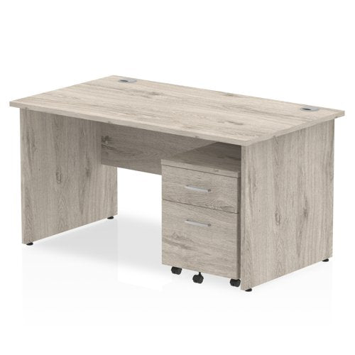 Dynamic Impulse 1400 x 800mm Straight Desk Grey Oak Top Panel End Leg with 2 Drawer Mobile Pedestal Bundle I003168 DD