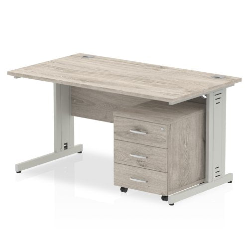 Dynamic Impulse 1400 x 800mm Straight Desk Grey Oak Top Silver Cable Managed Leg with 3 Drawer Mobile Pedestal Bundle I003169 DD