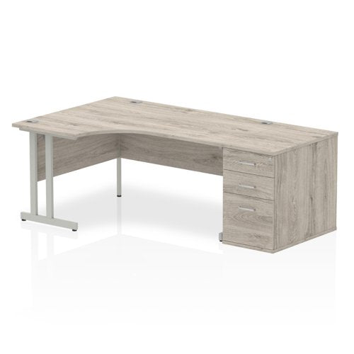 Dynamic Impulse 1600mm Left Crescent Desk Grey Oak Top Silver Cantilever Leg Workstation 800mm Deep Desk High Pedestal Bundle I003172 DD