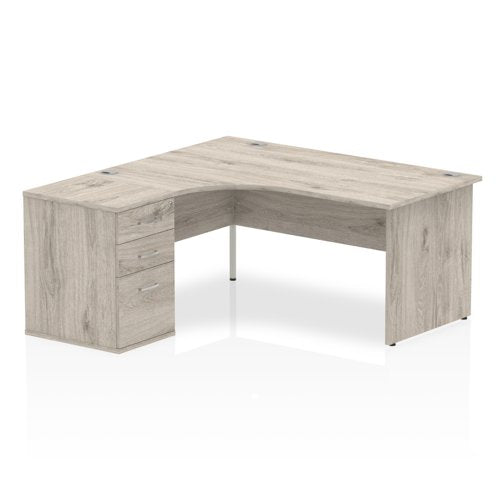 Dynamic Impulse 1600mm Left Crescent Desk Grey Oak Top Panel End Leg Workstation 600mm Deep Desk High Pedestal Bundle I003173 DD