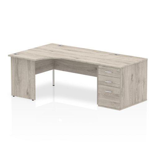Dynamic Impulse 1600mm Left Crescent Desk Grey Oak Top Panel End Leg Workstation 800mm Deep Desk High Pedestal Bundle I003174 DD