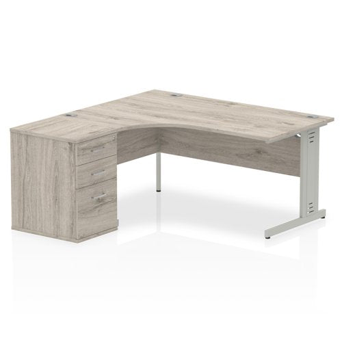 Dynamic Impulse 1600mm Left Crescent Desk Grey Oak Top Silver Cable Managed Leg Workstation 600mm Deep Desk High Pedestal Bundle I003181 DD