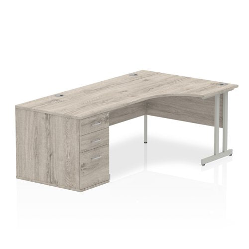 Dynamic Impulse 1600mm Right Crescent Desk Grey Oak Top Silver Cantilever Leg Workstation 800mm Deep Desk High Pedestal Bundle I003184 DD