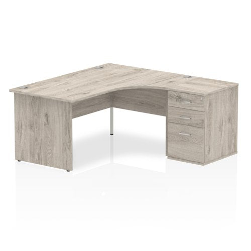 Dynamic Impulse 1600mm Right Crescent Desk Grey Oak Top Panel End Leg Workstation 600mm Deep Desk High Pedestal Bundle I003185 DD