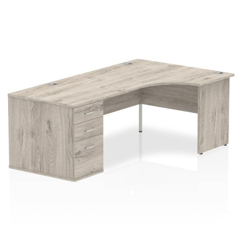 Dynamic Impulse 1600mm Right Crescent Desk Grey Oak Top Panel End Leg Workstation 800mm Deep Desk High Pedestal Bundle I003186 DD
