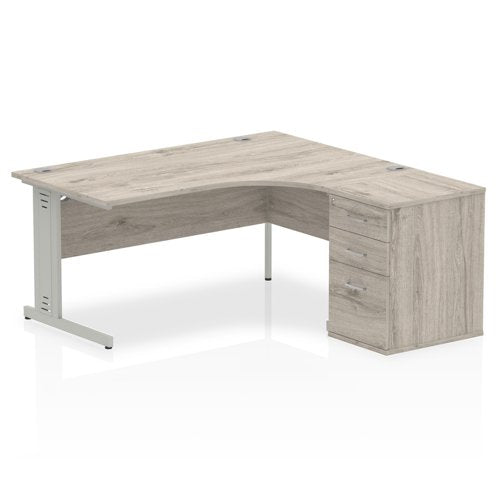 Dynamic Impulse 1600mm Right Crescent Desk Grey Oak Top Silver Cable Managed Leg Workstation 600mm Deep Desk High Pedestal Bundle I003193 DD
