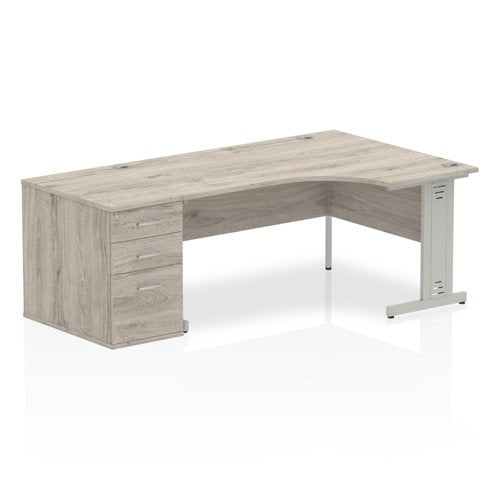 Dynamic Impulse 1600mm Right Crescent Desk Grey Oak Top Silver Cable Managed Leg Workstation 800mm Deep Desk High Pedestal Bundle I003194 DD