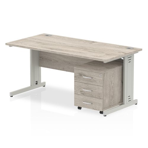 Dynamic Impulse 1600mm x 800mm Straight Desk Grey Oak Top Silver Cable Managed Leg with 3 Drawer Mobile Pedestal I003199 DD