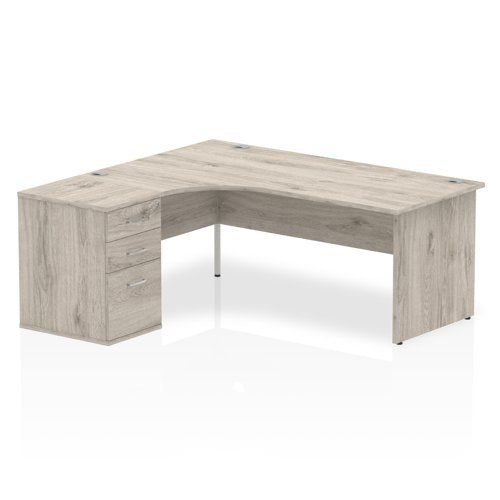 Dynamic Impulse 1800mm Left Crescent Desk Grey Oak Top Panel End Leg Workstation 600mm Deep Desk High Pedestal Bundle I003203 DD