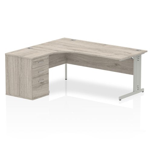 Dynamic Impulse 1800mm Left Crescent Desk Grey Oak Top Silver Cable Managed Leg Workstation 600mm Deep Desk High Pedestal Bundle I003205 DD