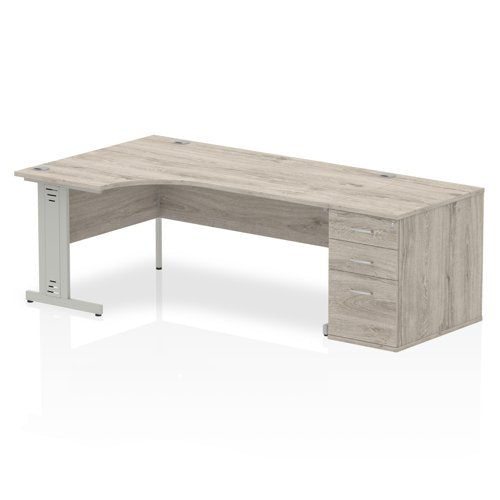 Dynamic Impulse 1800mm Left Crescent Desk Grey Oak Top Silver Cable Managed Leg Workstation 800mm Deep Desk High Pedestal Bundle I003206 DD
