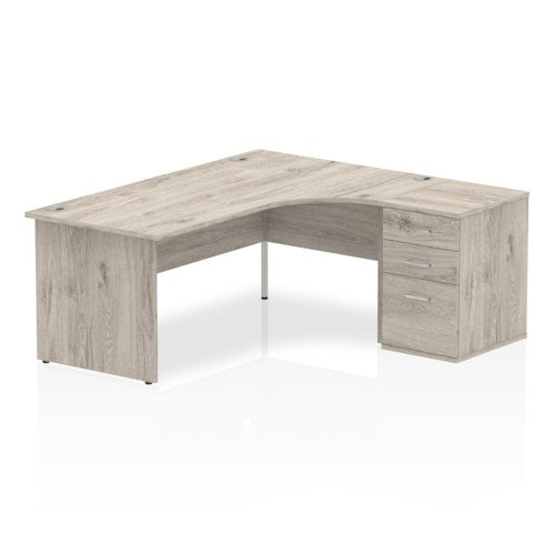 Dynamic Impulse 1800mm Right Crescent Desk Grey Oak Top Panel End Leg Workstation 600mm Deep Desk High Pedestal Bundle I003209 DD