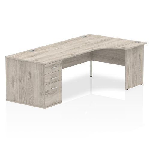 Dynamic Impulse 1800mm Right Crescent Desk Grey Oak Top Panel End Leg Workstation 800mm Deep Desk High Pedestal Bundle I003210 DD