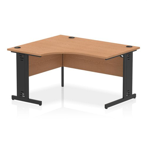 Impulse Left Crescent Office Desk W1400 x D1200 x H730mm Cable Managed Leg Oak Finish Black Frame - I004564 DD