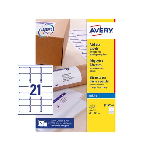 Avery Inkjet Address Label 63.5x38.1mm 21 Per A4 Sheet White (Pack 525 Labels) J8160-25