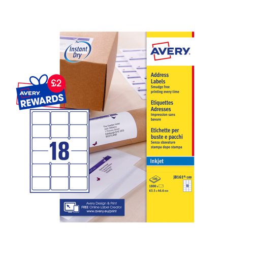 Avery Inkjet Address Label 63.5x46.6mm 18 Per A4 Sheet White (Pack 1800 Labels) J8161-100
