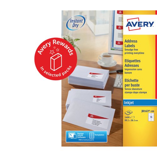 Avery Inkjet Address Label 99.1x38.1mm 14 Per A4 Sheet White (Pack 1400 Labels) J8163-100