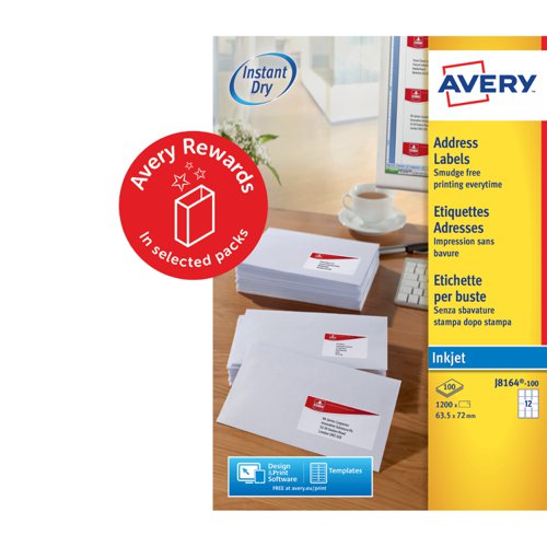 Avery Inkjet Address Label 63.5x72mm 12 Per A4 Sheet White (Pack 1200 Labels) J8164-100