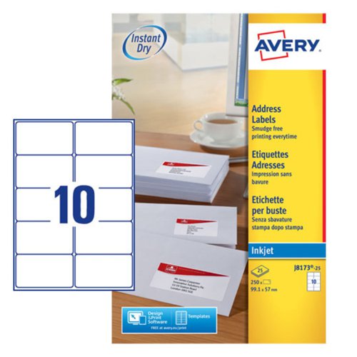 Avery Inkjet Address Label 99x57mm 10 Per A4 Sheet White (Pack 250 Labels) J8173-25