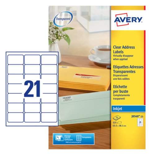 Avery Inkjet Address Label 63.5x38.1mm 16 Per A4 Sheet Clear (Pack 525 Labels) J8560-25