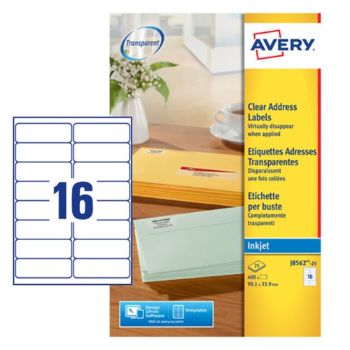 Avery Inkjet Address Label 99x34mm 16 Per A4 Sheet Clear (Pack 400 Labels) J8562-25